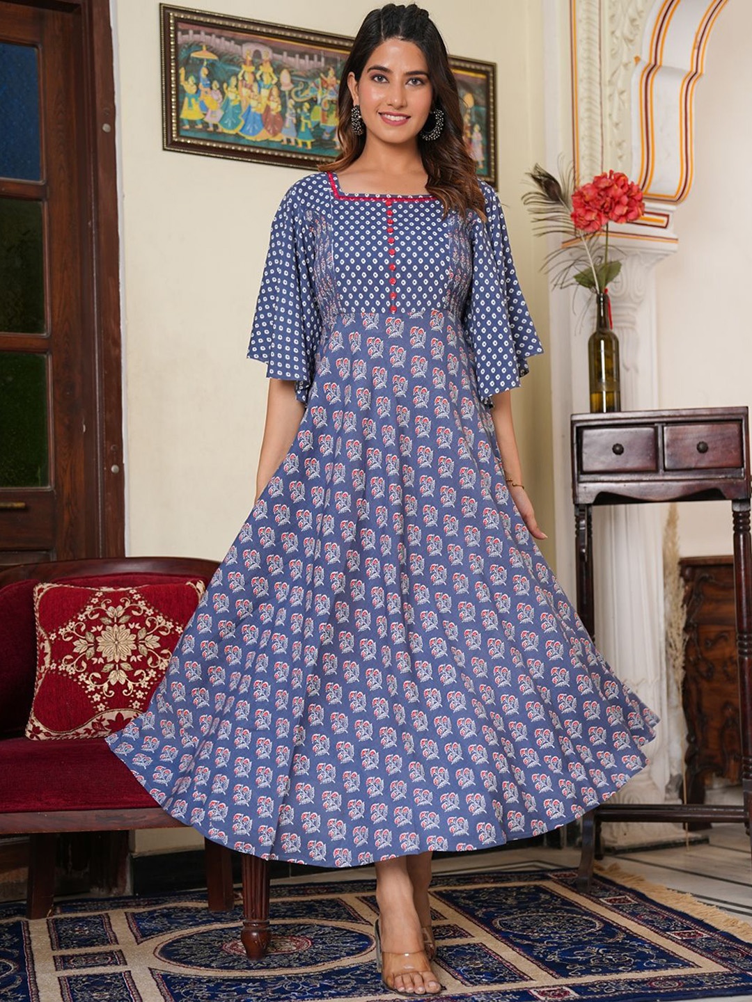 

KALINI Women Ethnic Motifs Printed Thread Work Kurta, Blue