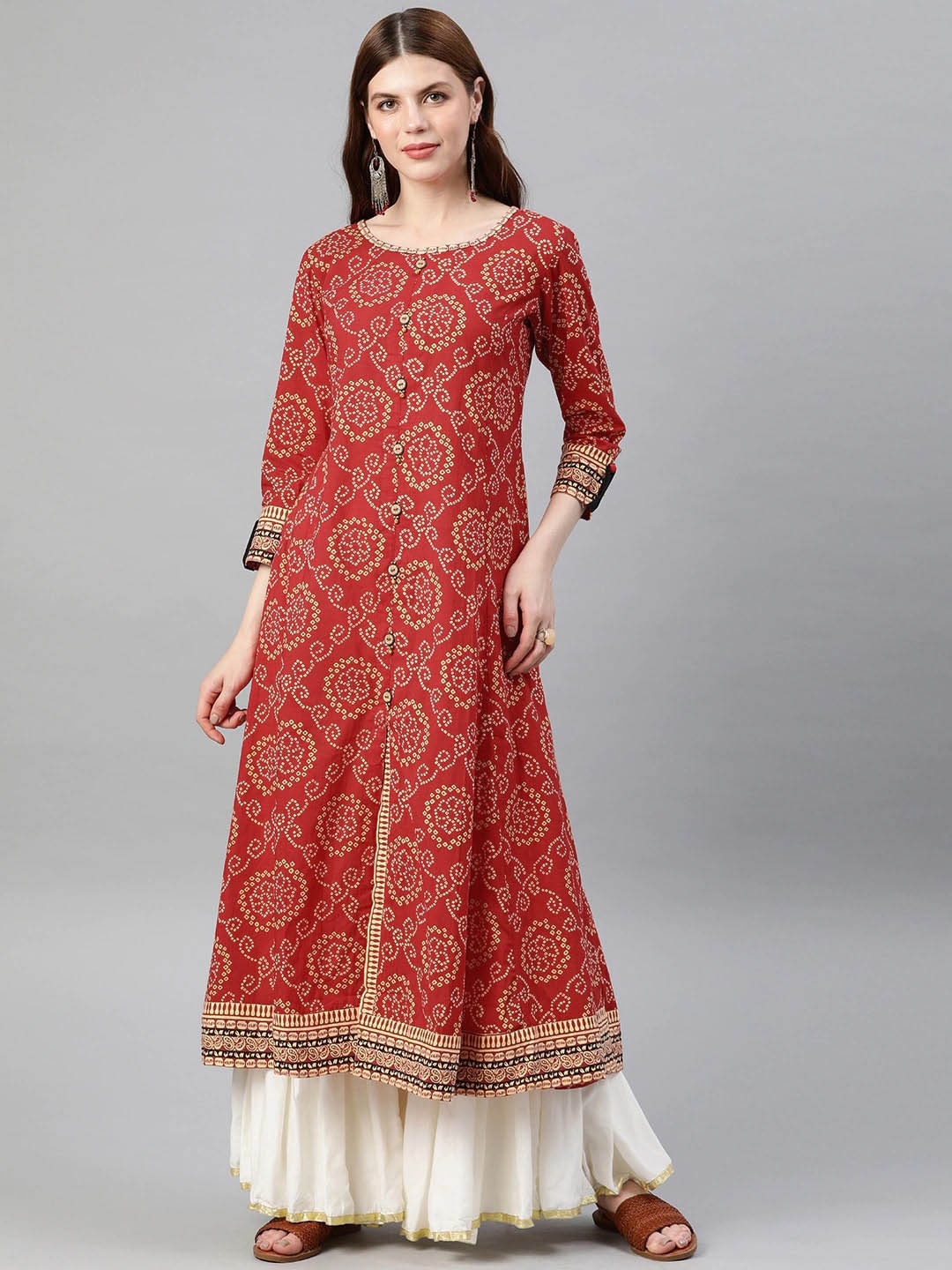 

KALINI Ethnic Motifs Bandhani Printed Round Neck Cotton Anarkali Kurta, Red