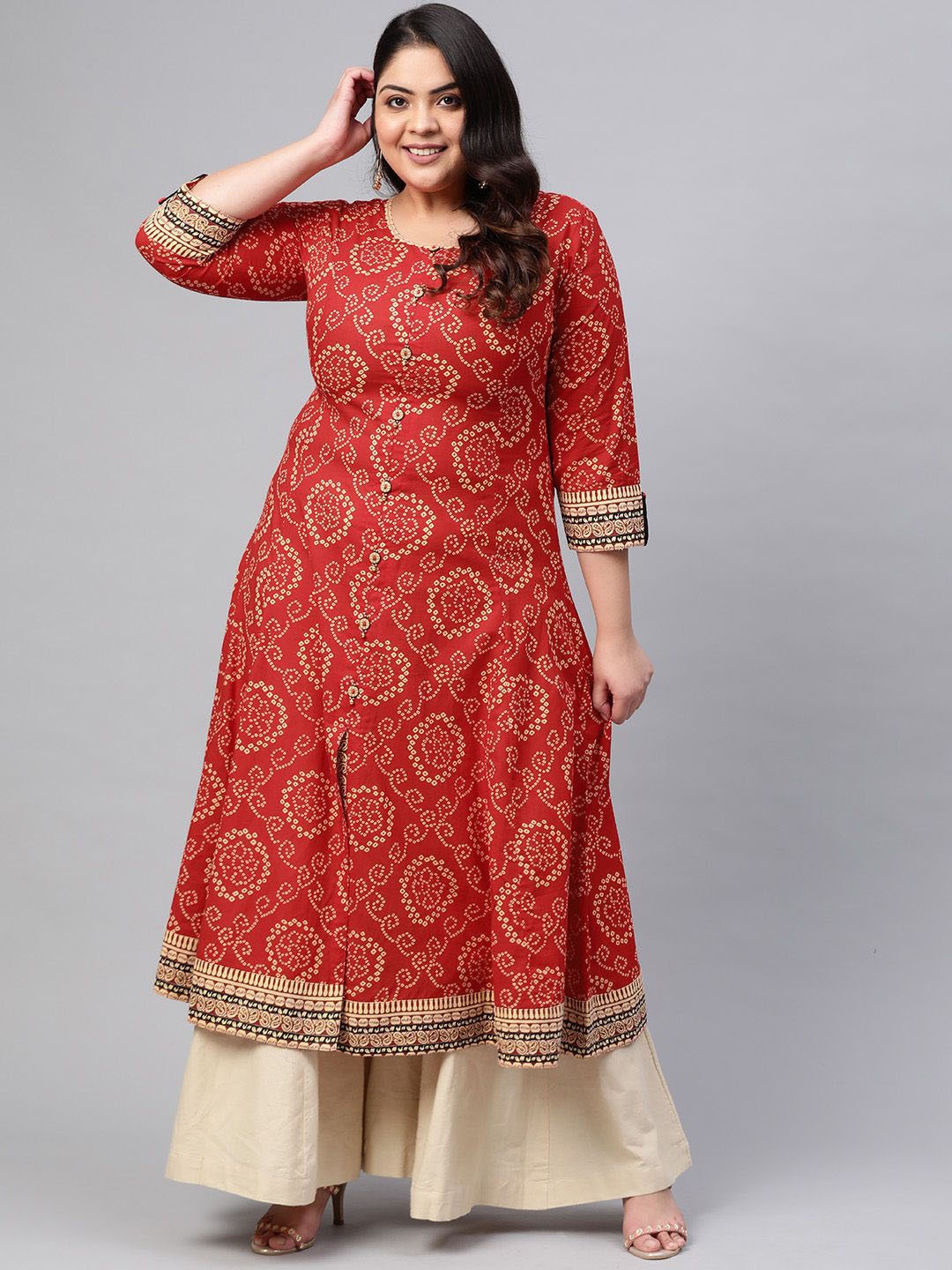 

KALINI Plus Size Bandhani Printed Round Neck Cotton Anarkali Kurta, Red