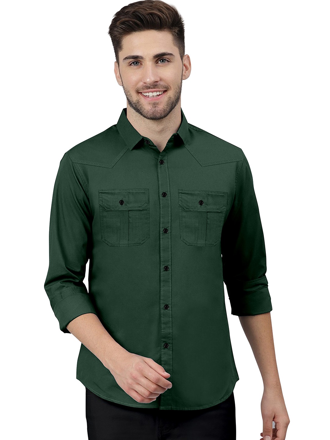 

KHUSHI CREATION Classic Cotton Casual Double Pocket Shirt, Green