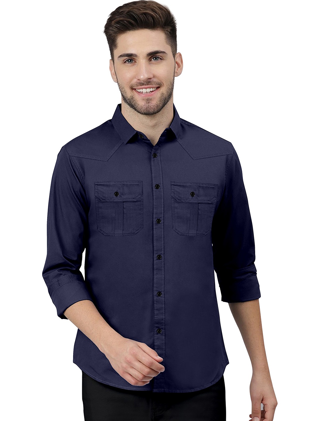 

KHUSHI CREATION Classic Cotton Casual Double Pocket Shirt, Navy blue