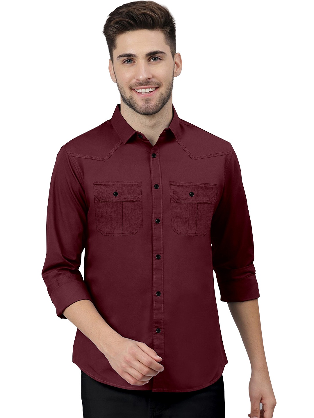 

KHUSHI CREATION Classic Cotton Casual Double Pocket Shirt, Maroon