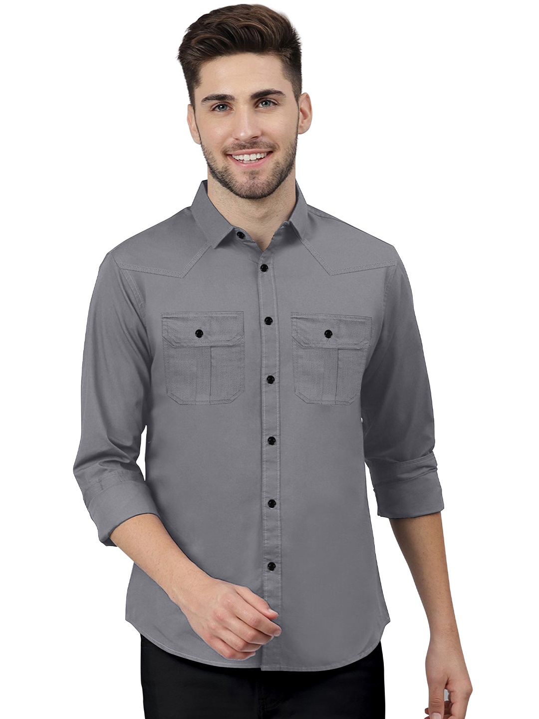 

KHUSHI CREATION Classic Cotton Casual Double Pocket Shirt, Grey