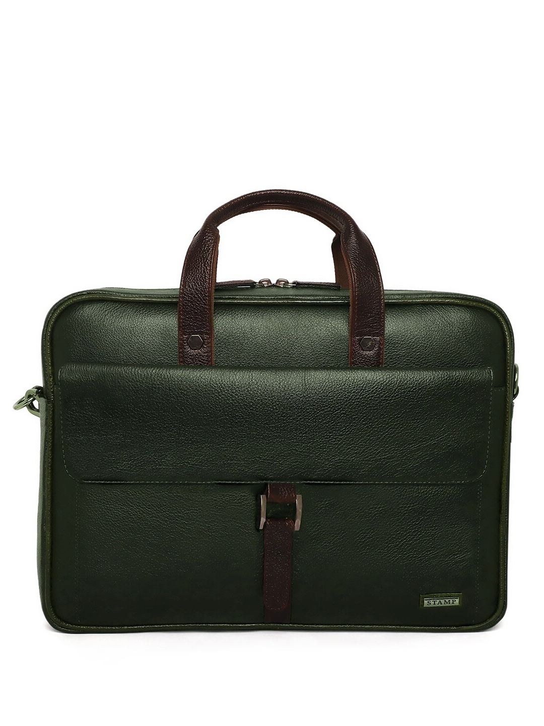 

Stamp Unisex Textured Leather Laptop Bag, Green