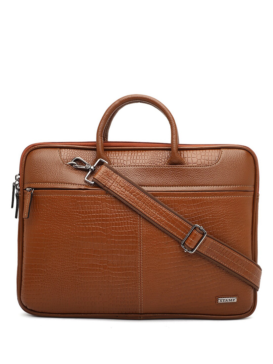 

Stamp Unisex Textured Leather Laptop Bag, Tan