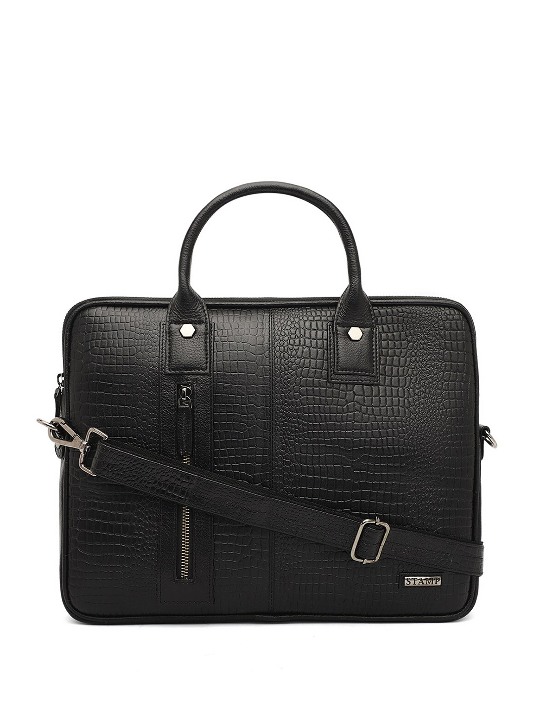 

Stamp Unisex Textured Leather Laptop Bag, Black