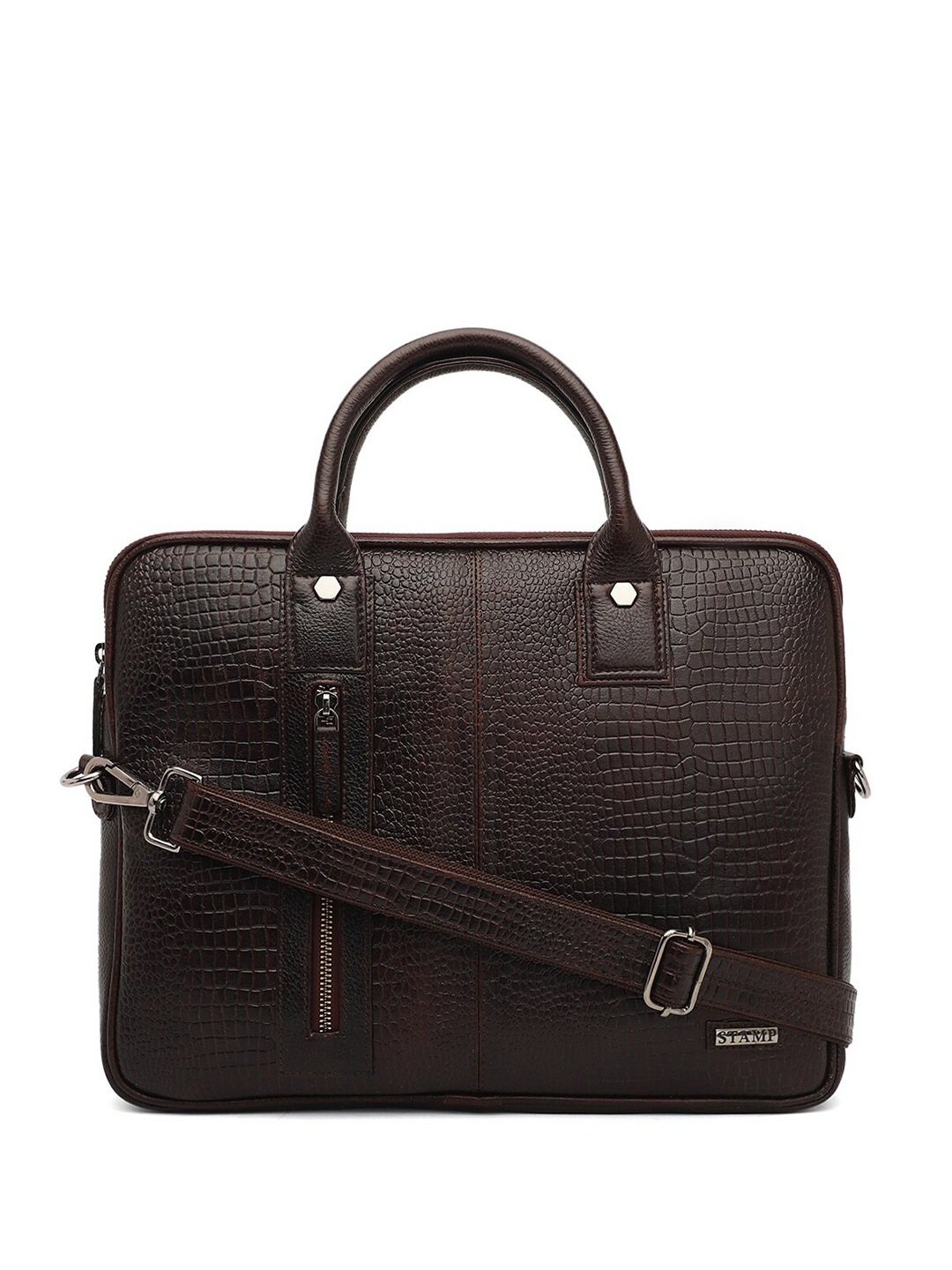 

Stamp Unisex Textured Leather Laptop Bag, Brown