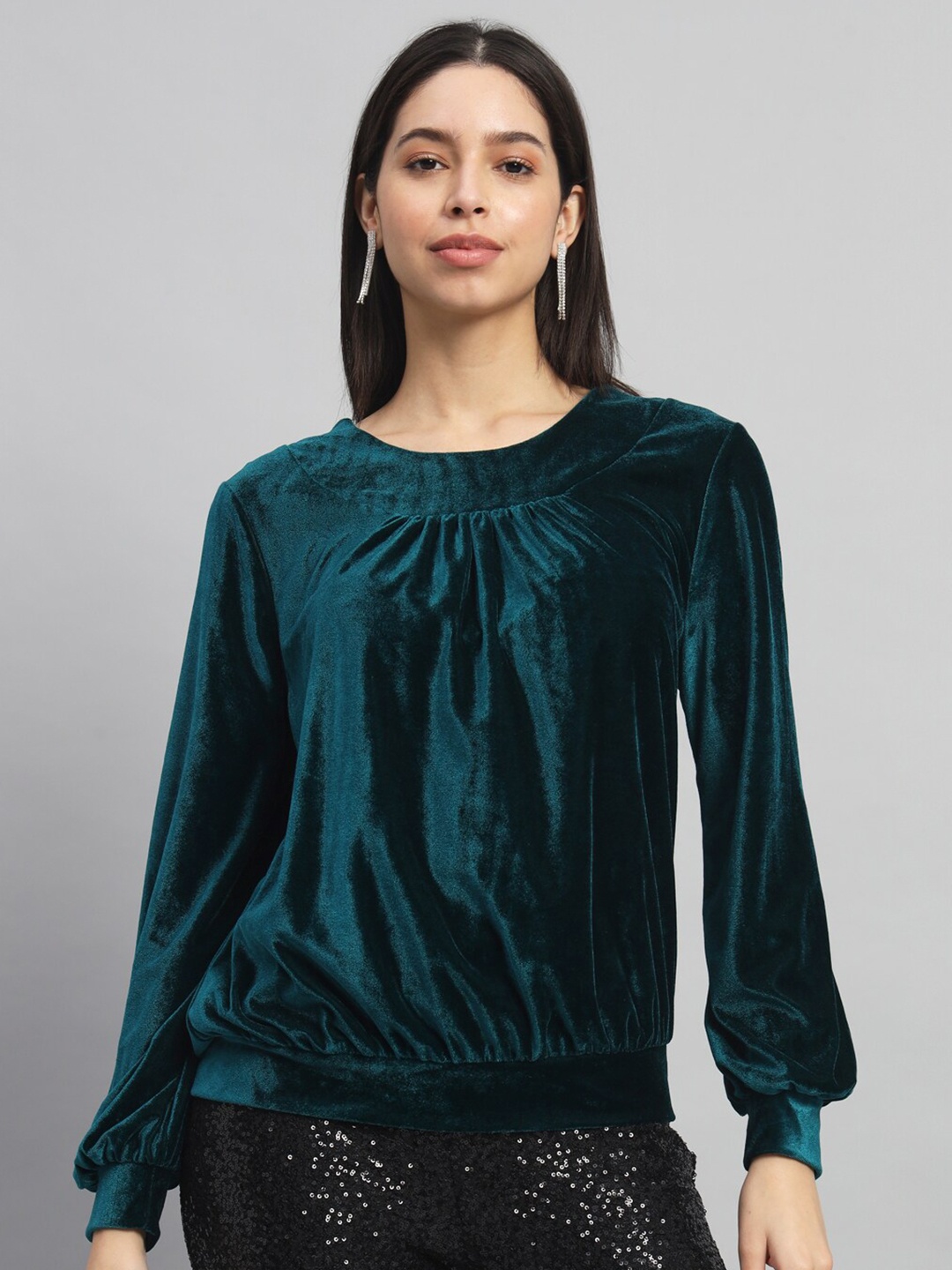 

VAARARO Round Neck Puff Sleeves Gathered Velvet Blouson Top, Green