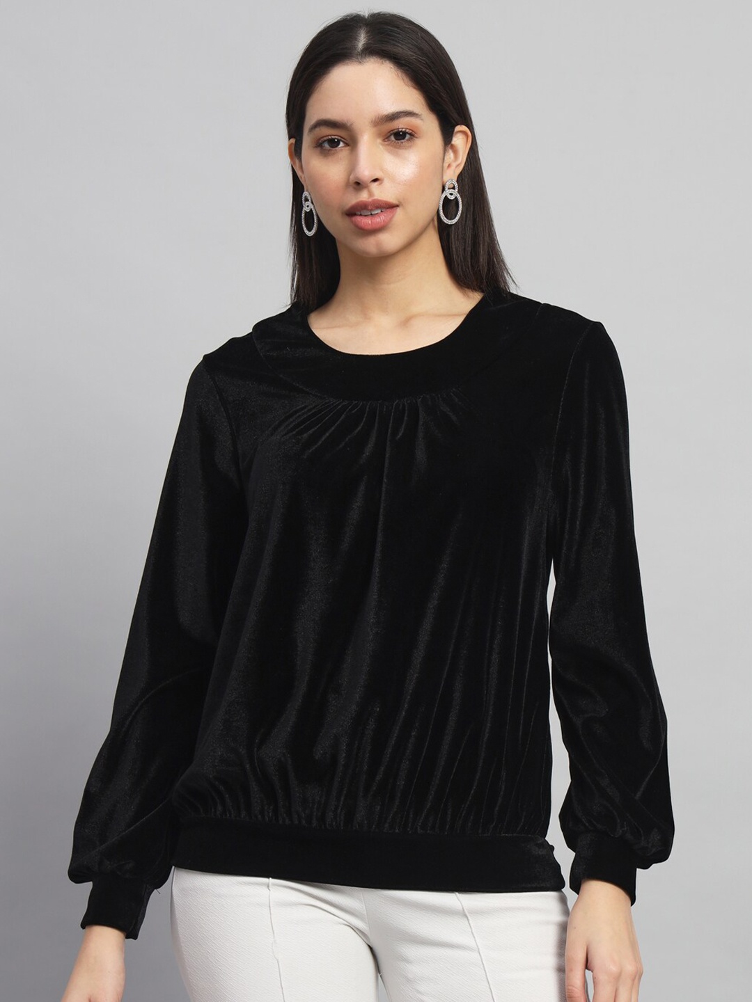 

VAARARO Round Neck Puff Sleeves Gathered Velvet Blouson Top, Black