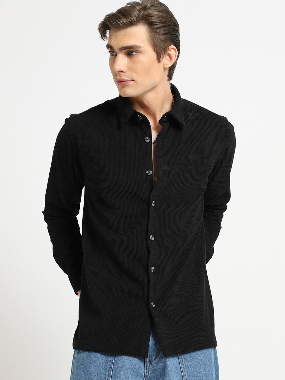 

Banana Club Classic Vertical Stripes Cutaway Collar Corduroy Casual Shirt, Black