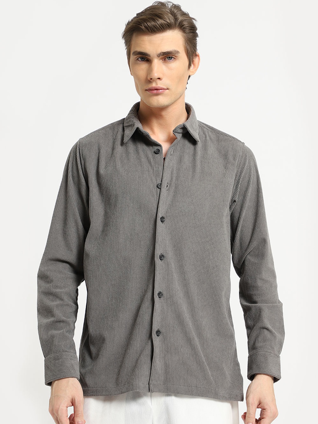 

Banana Club Classic Spread Collar Corduroy Casual Shirt, Grey