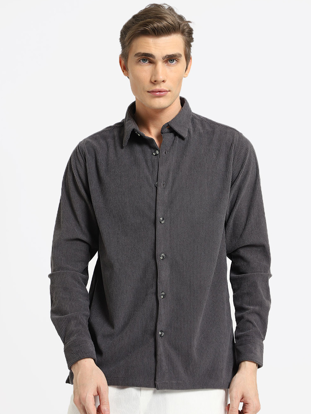 

Banana Club Classic Spread Collar Corduroy Casual Shirt, Grey