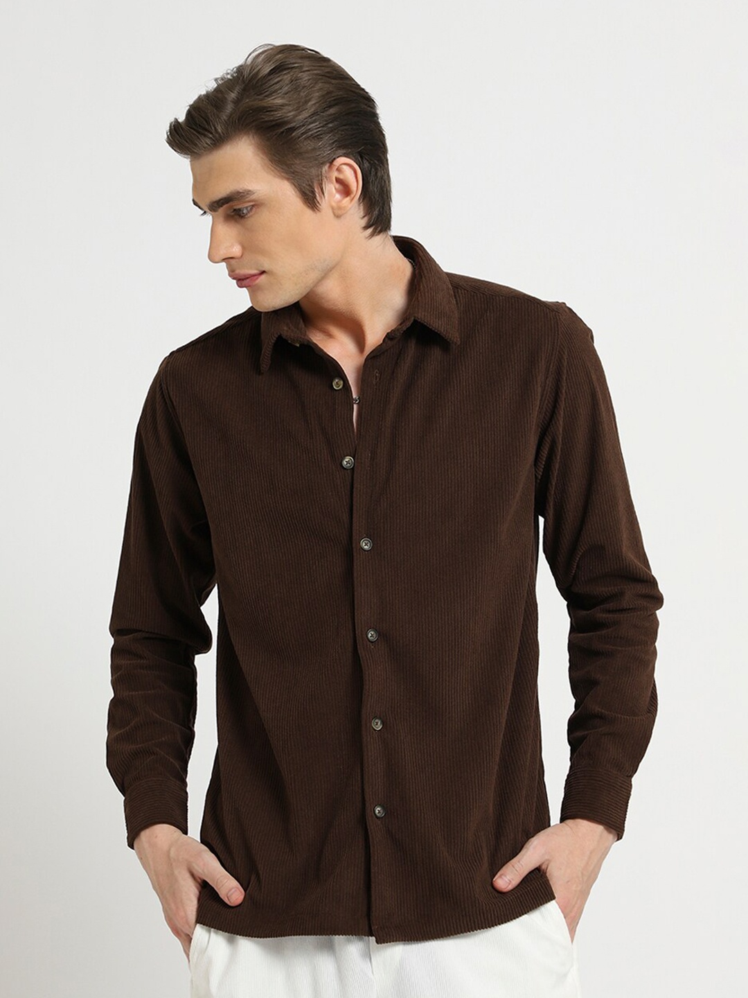 

Banana Club Classic Spread Collar Corduroy Casual Shirt, Brown