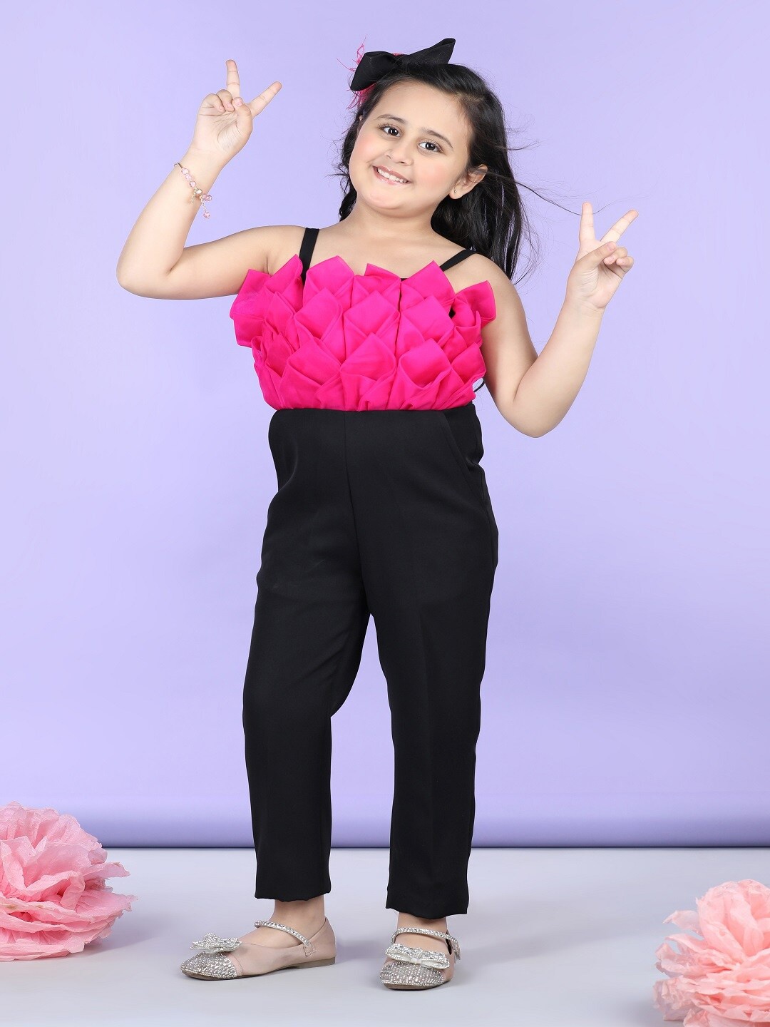 

THE LITTLE CELEBS Girls Self Design Basic Jumpsuit With Hair Bow, Black