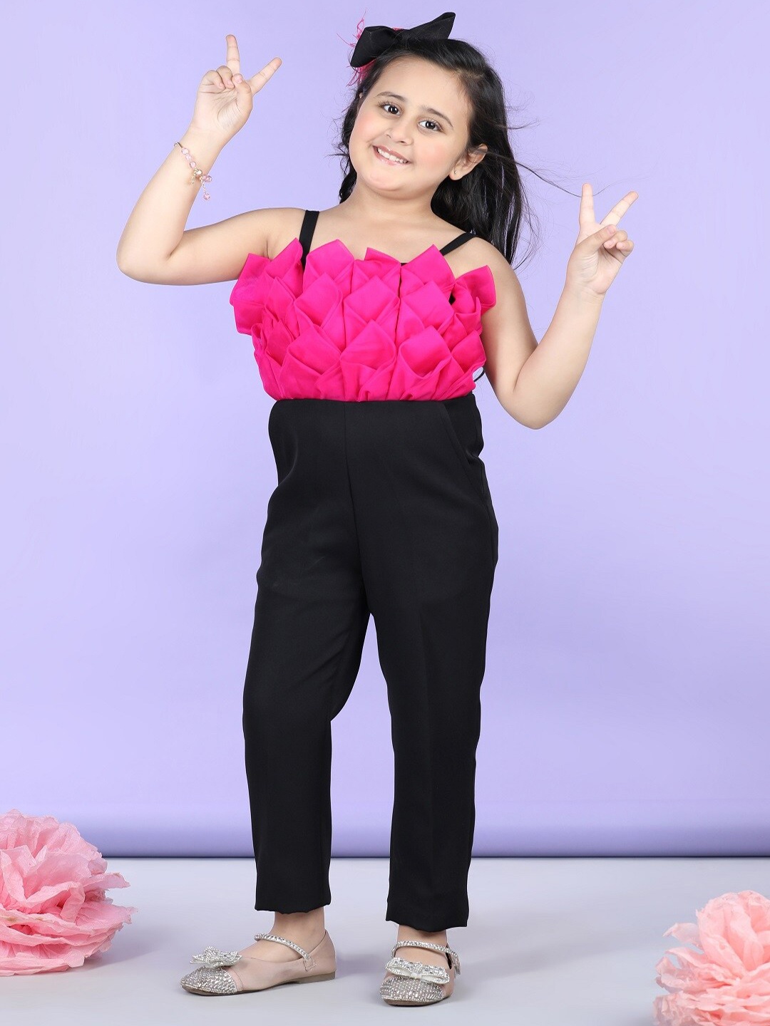 

THE LITTLE CELEBS Girls Self Design Basic Jumpsuit With Hair Bow, Black