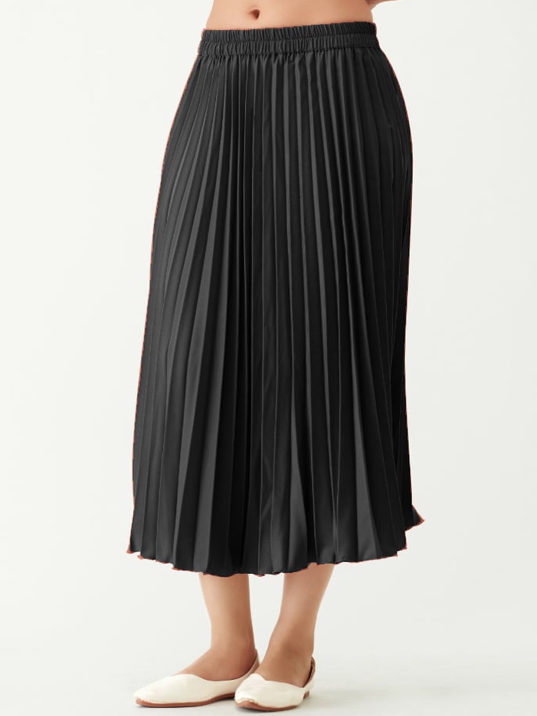 

Femvy Crepe Pleated Flared Partywear A-Line Maxi Skirt, Black