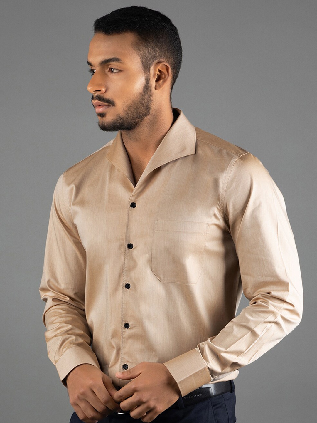 LOUIS STITCH Comfort Spread Collar Curved Cotton Formal Shirt, Beige