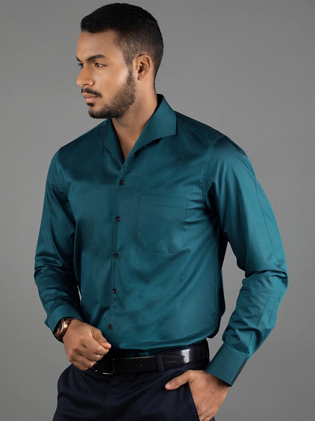 

LOUIS STITCH Comfort Spread Collar Curved Cotton Formal Shirt, Green
