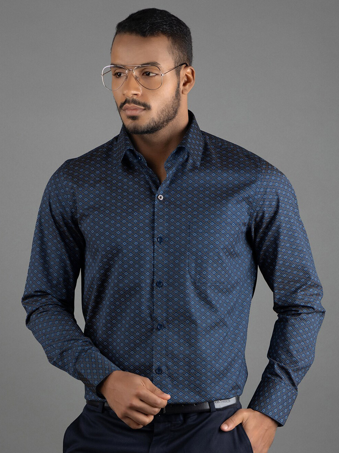 

LOUIS STITCH Comfort Micro Ditsy Printed Cutaway Collar Pure Cotton Formal Shirt, Blue