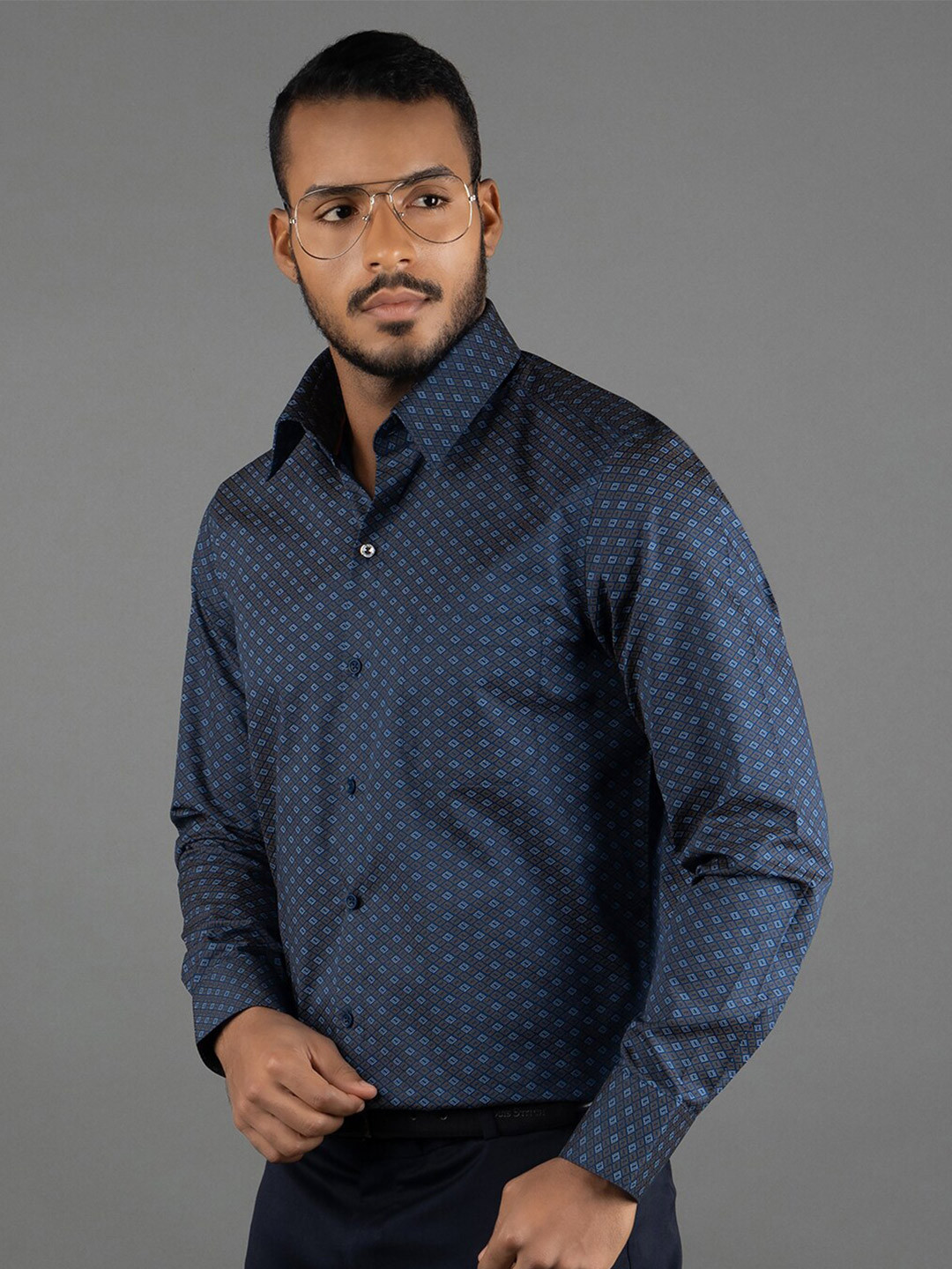 

LOUIS STITCH Comfort Micro Ditsy Printed Pointed Collar Pure Cotton Formal Shirt, Blue