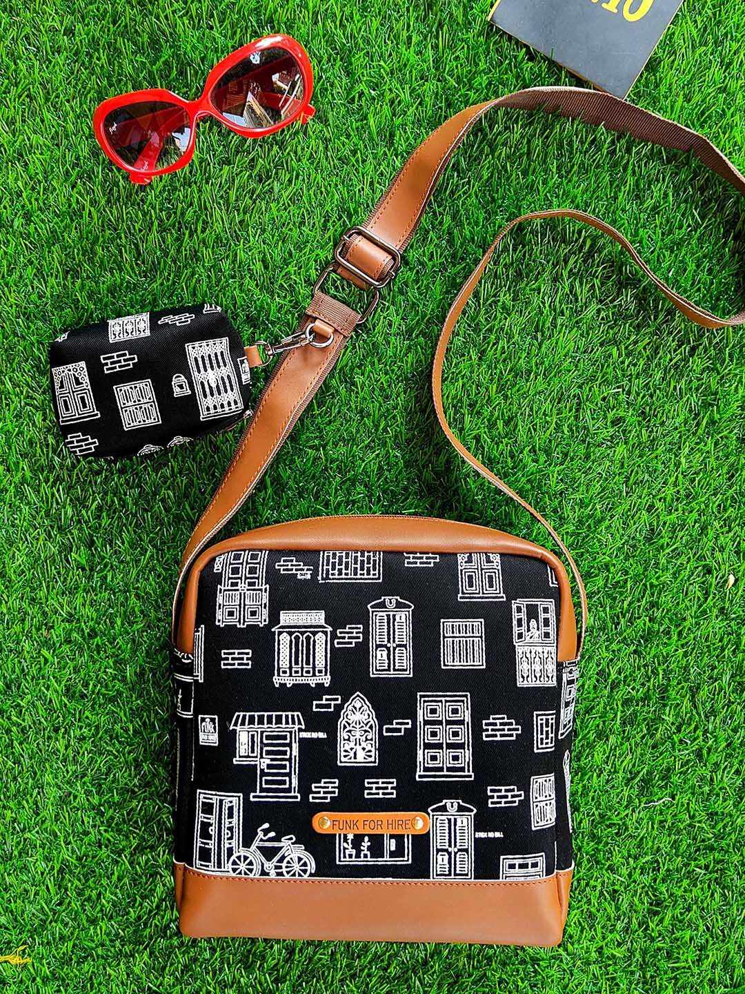 

Funk For Hire Women Abstract Printed Structured Handheld Bag with Cut Work, Black