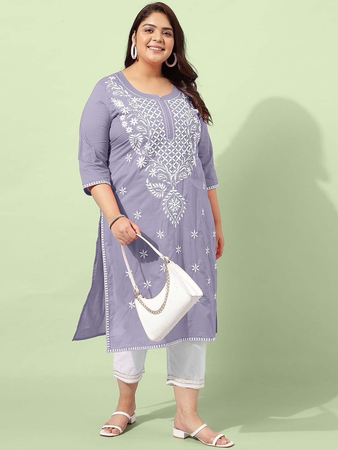 

KALINI Ethnic Motifs Embroidered Regular Chikankari Pure Cotton Kurta with Trouser, Purple