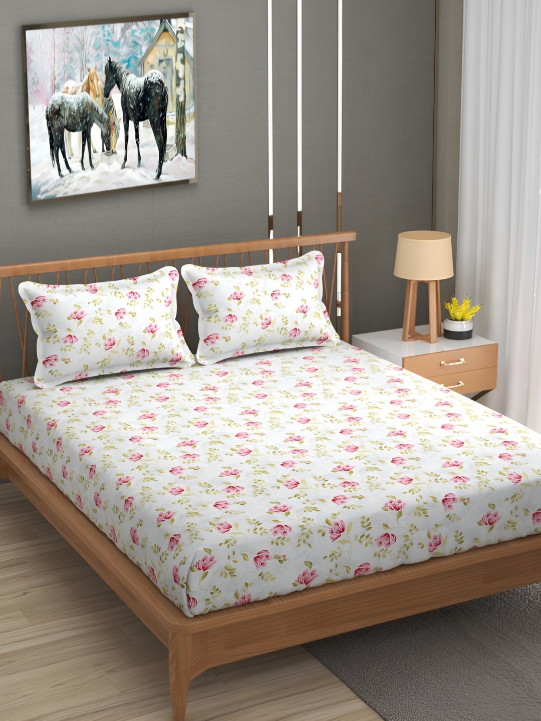 

UrbanArts White & Pink Floral Printed 180 TC King Bedsheet With 2 Pillow Covers