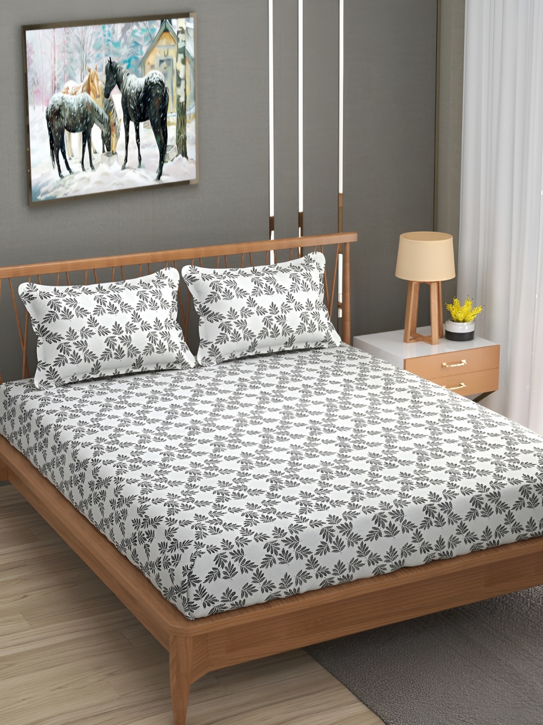 

UrbanArts Grey & White Floral Printed 180 TC King Bedsheet With 2 Pillow Covers