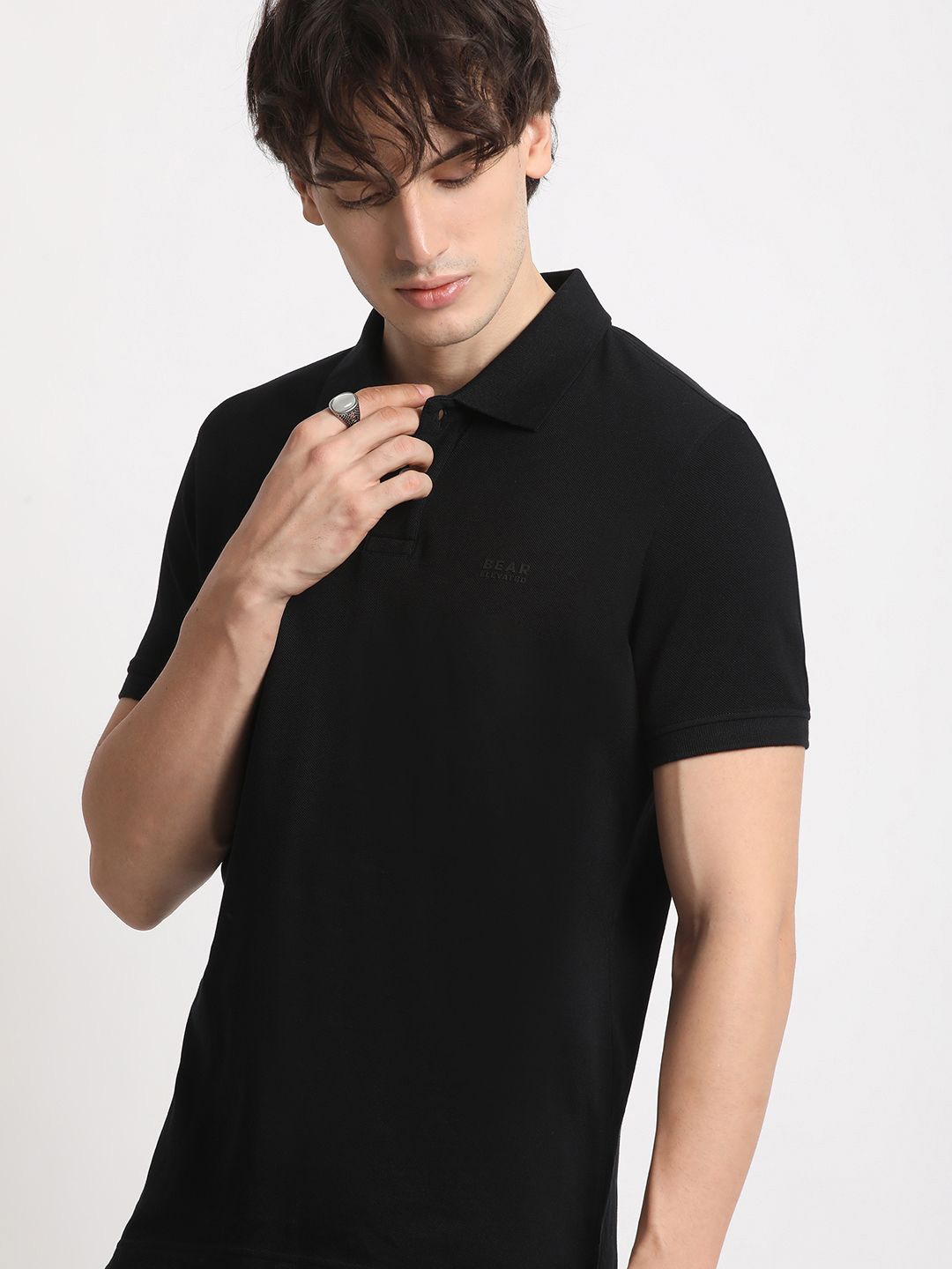 

THE BEAR HOUSE Polo Collar Pure Cotton Slim Fit T-shirt, Black