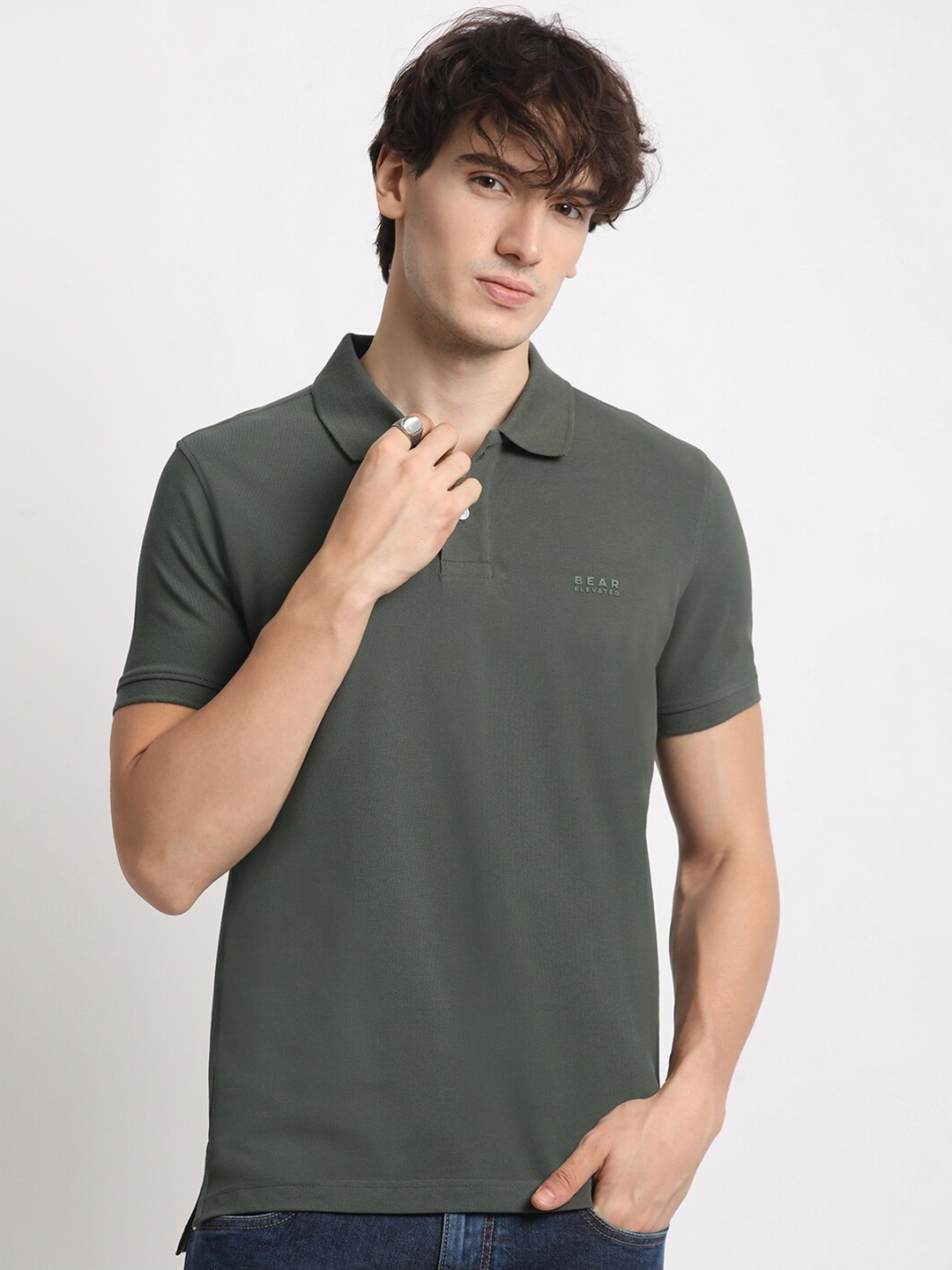 

THE BEAR HOUSE Polo Collar Pure Cotton Slim Fit T-shirt, Olive