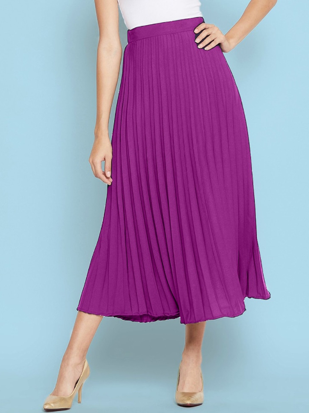 

Femvy Crepe Pleated Midi flared Skirt, Magenta