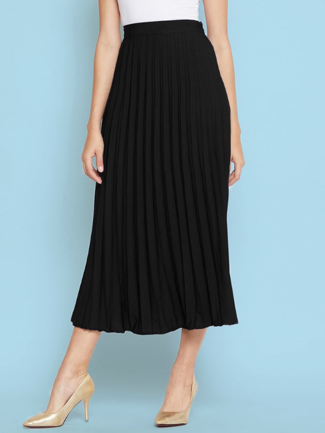 

Femvy Pleated Crepe Midi A-Line Skirt, Black