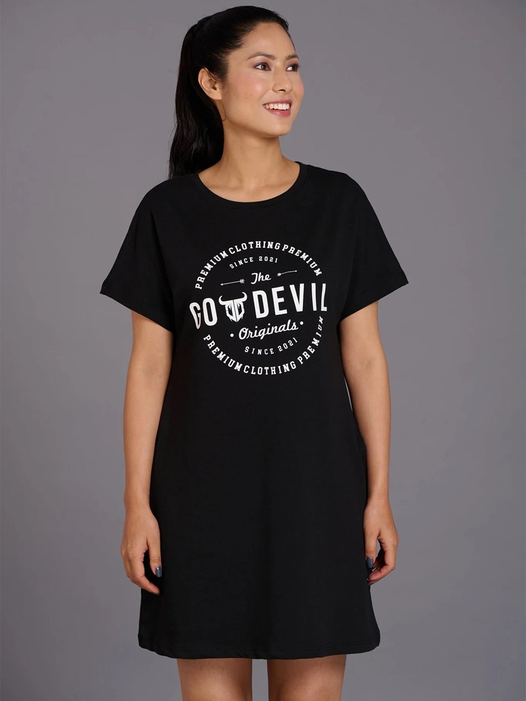 

GO DEVIL Typography Printed Cotton T-shirt Dress, Black