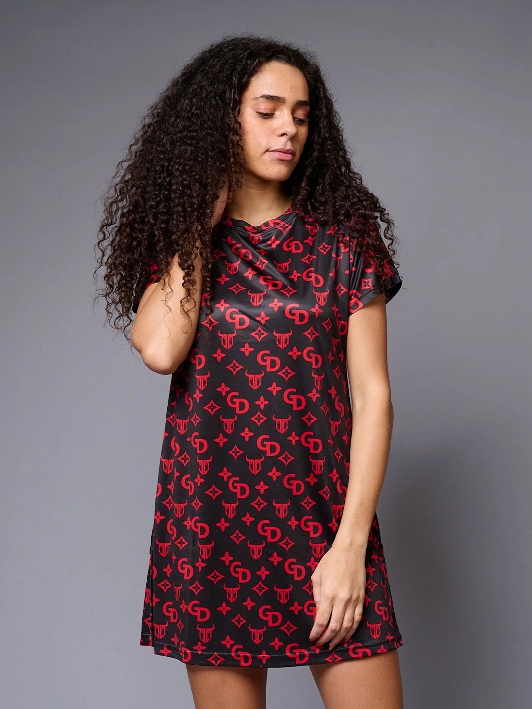 

GO DEVIL Typography Printed Cotton A-Line Mini Dress, Maroon