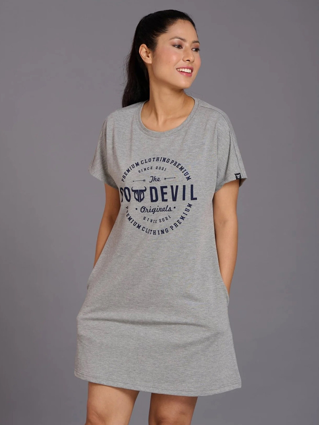 

GO DEVIL Typography Printed Cotton T-shirt Dress, Grey
