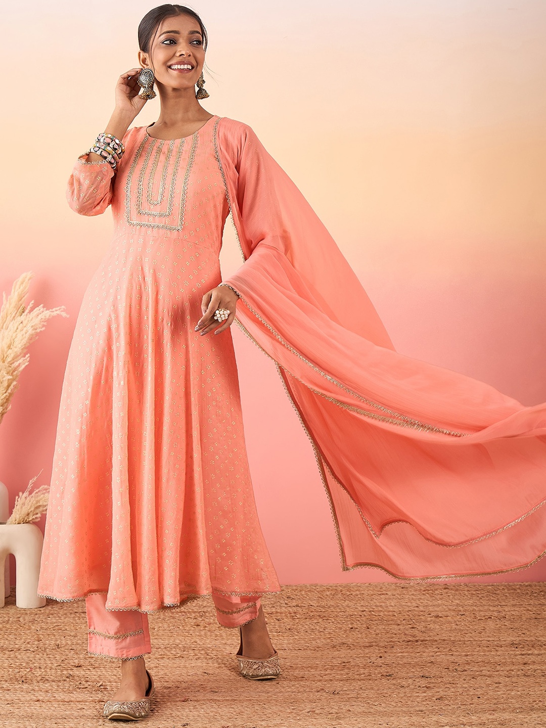 

Madhuni Floral Embroidered Anarkali Kurta & Trousers With Dupatta, Peach