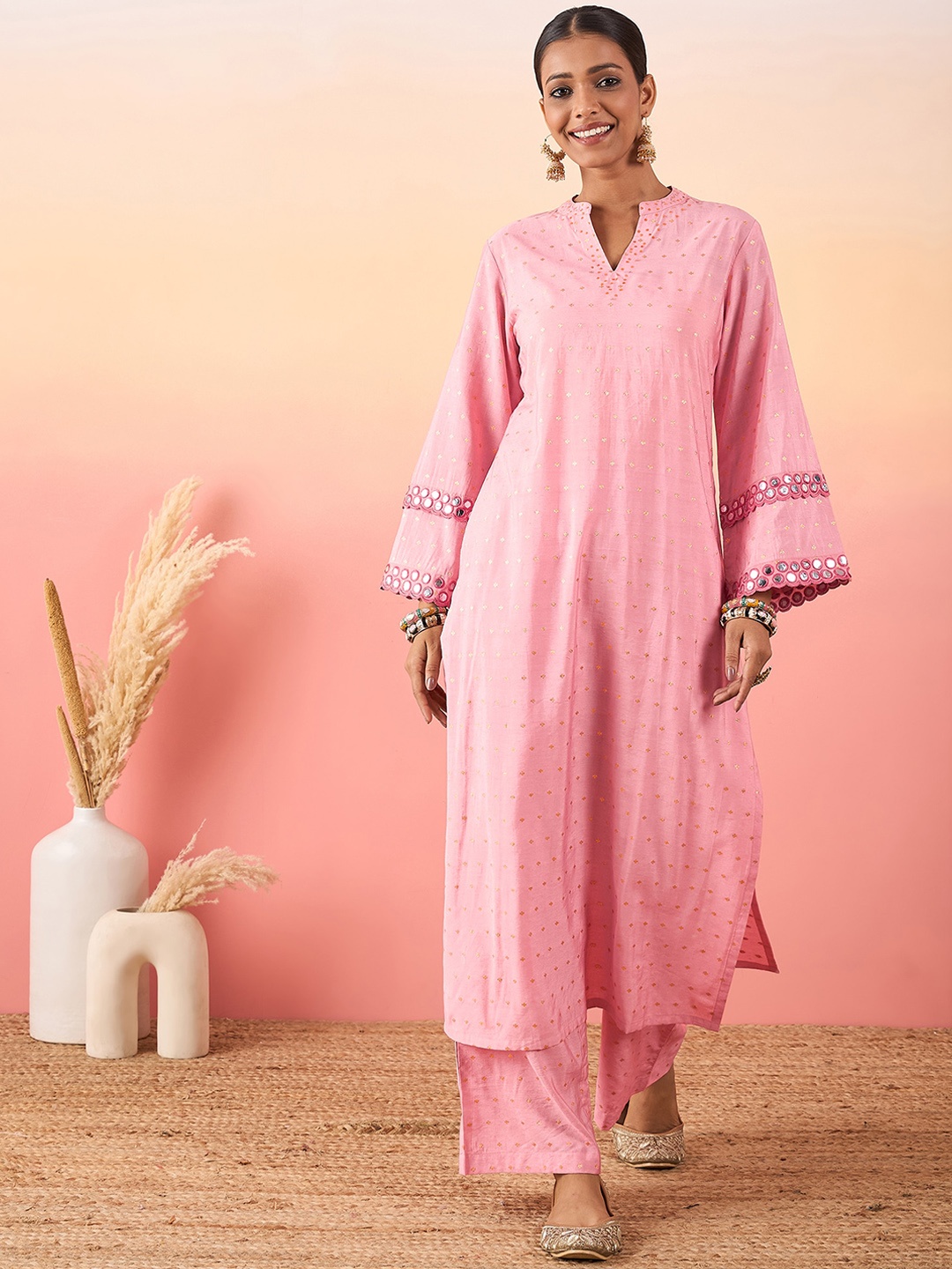 

Madhuni Embroidered Mirror Work Pure Silk Straight Kurta with Palazzos, Pink