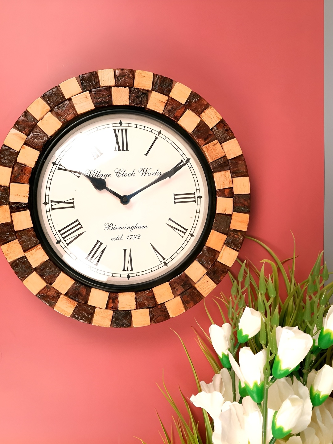 

apka mart Brown & Beige Colourblocked Vintage Wooden Round Wall Clock