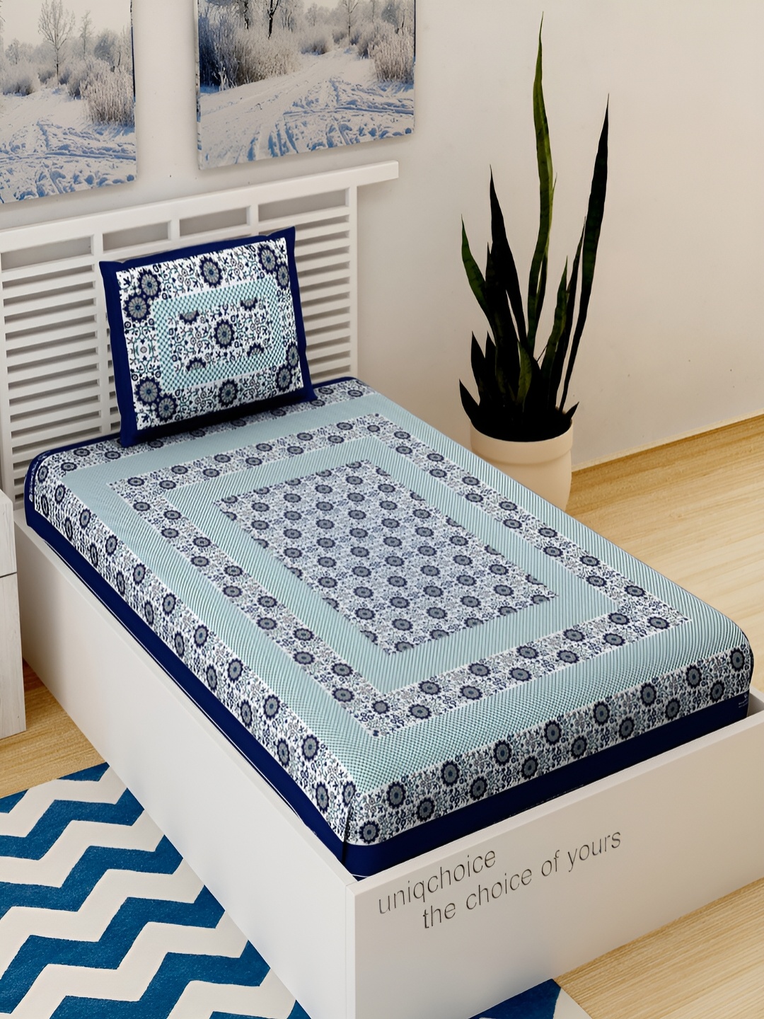 

Aura Blue & White Ethnic Motifs 120 TC Single Bedsheet With Pillow Covers