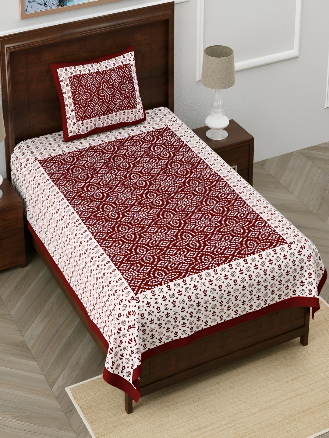 

Aura Maroon & White Ethnic Motifs 120 TC Single Bedsheet With 2 Pillow Covers