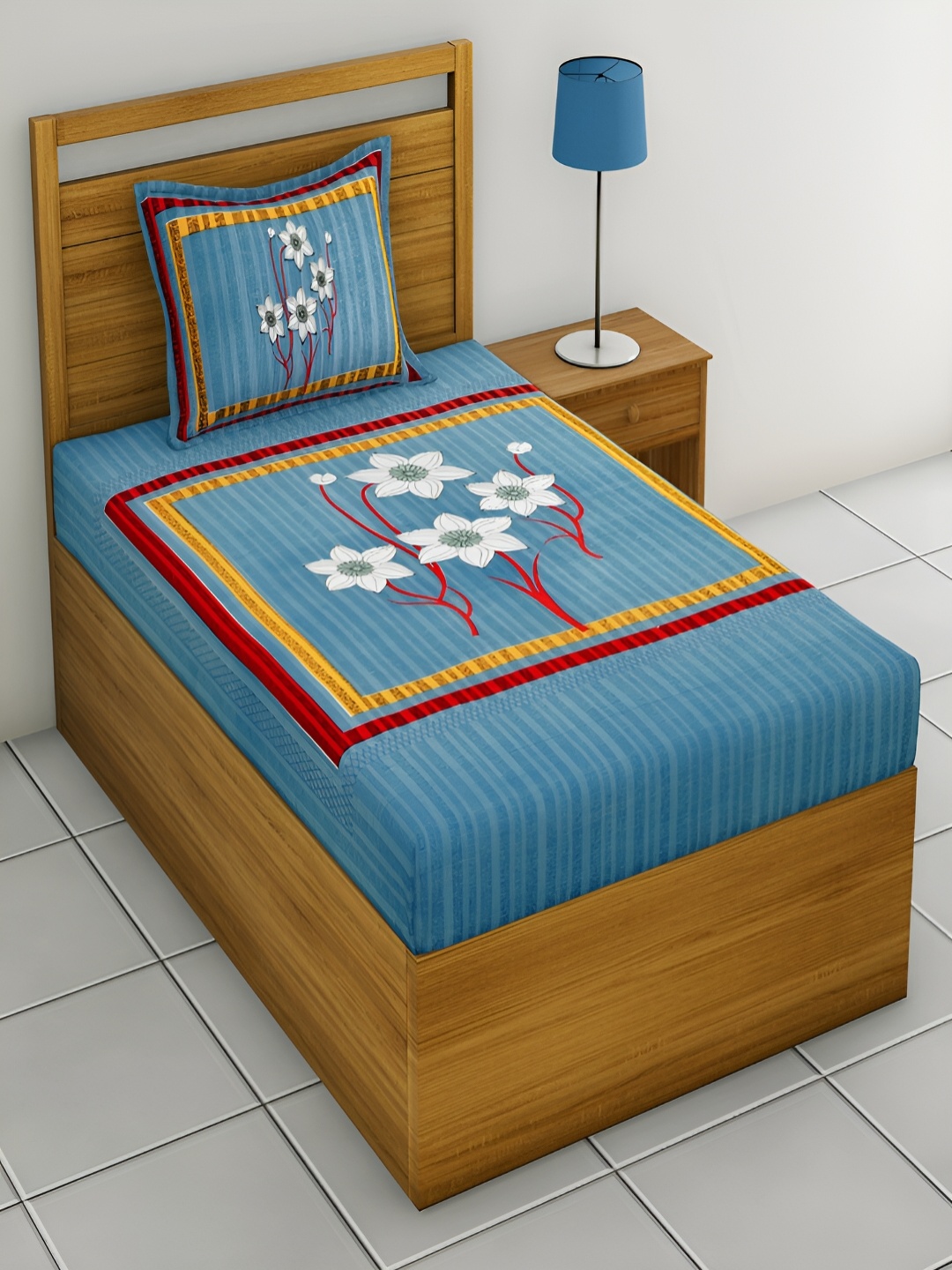 

Aura Blue & Red Floral Cotton 120 TC Single Bedsheet with 2 Pillow Covers