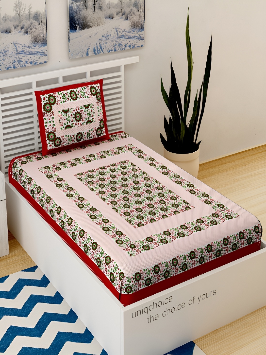 

Aura Red & Green Floral Cotton 120 TC Single Bedsheet with 1 Pillow Cover