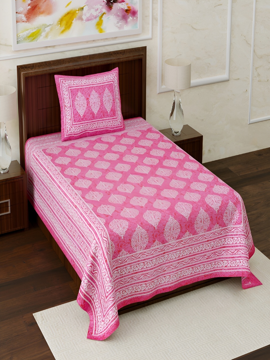 

Aura Pink & White Floral Printed 120 TC Pure Cotton Single Bedsheet With Pillow Cover