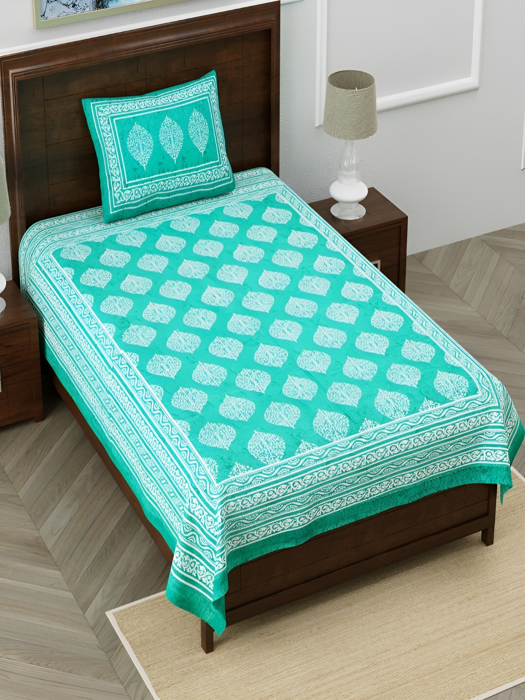 

Aura Turquoise Blue & White Floral 120 TC Single Bedsheet With 2 Pillow Covers