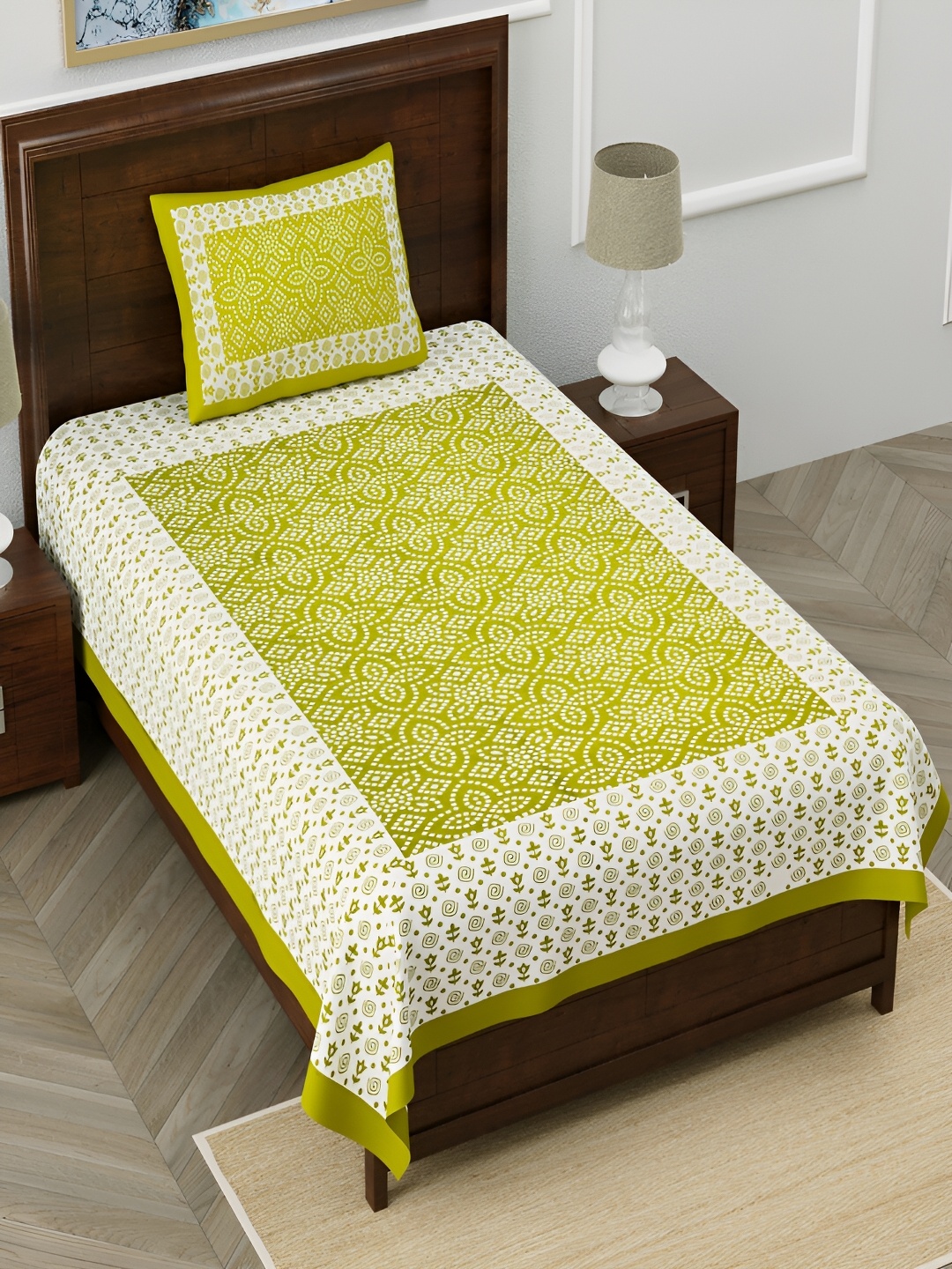 

Aura Green & White Floral 120 TC Cotton Single Bedsheet with 1 Pillow Covers