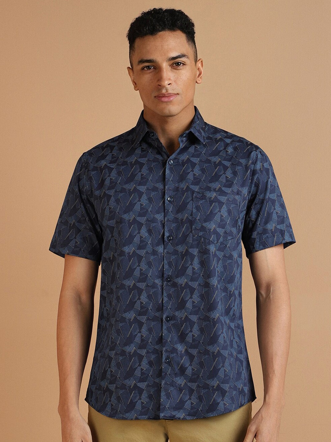 

Allen Solly Slim Fit Abstract Printed Spread Collar Cotton Casual Shirt, Navy blue