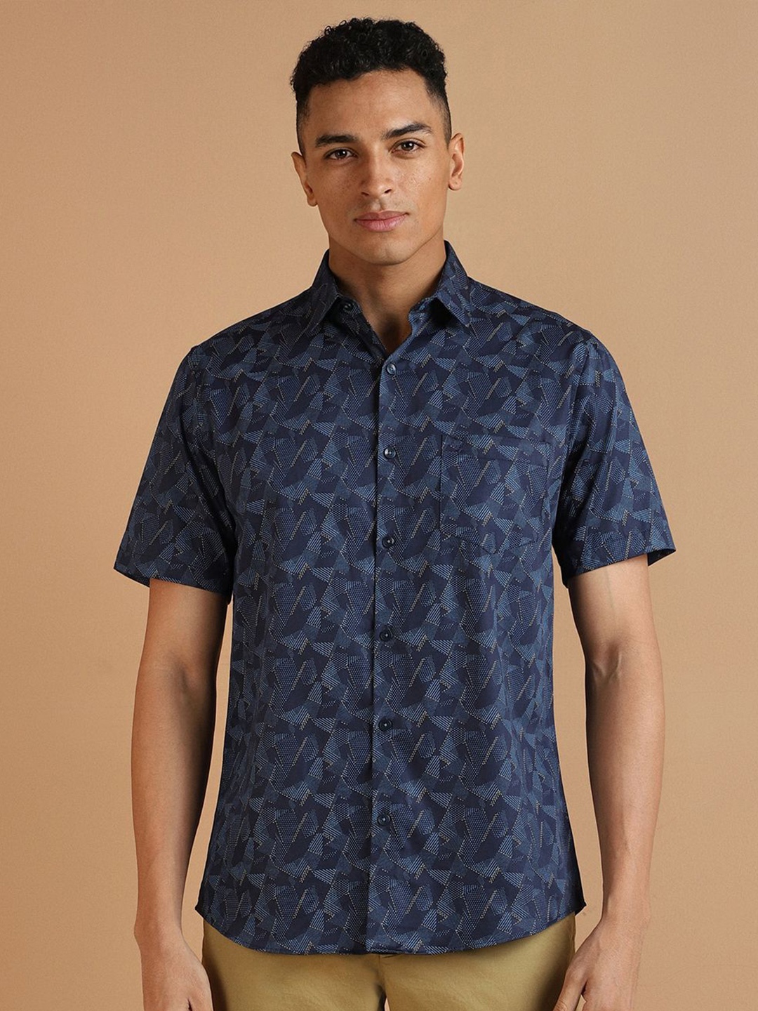 

Allen Solly Spread Collar Slim Fit Opaque Printed Cotton Formal Shirt, Navy blue