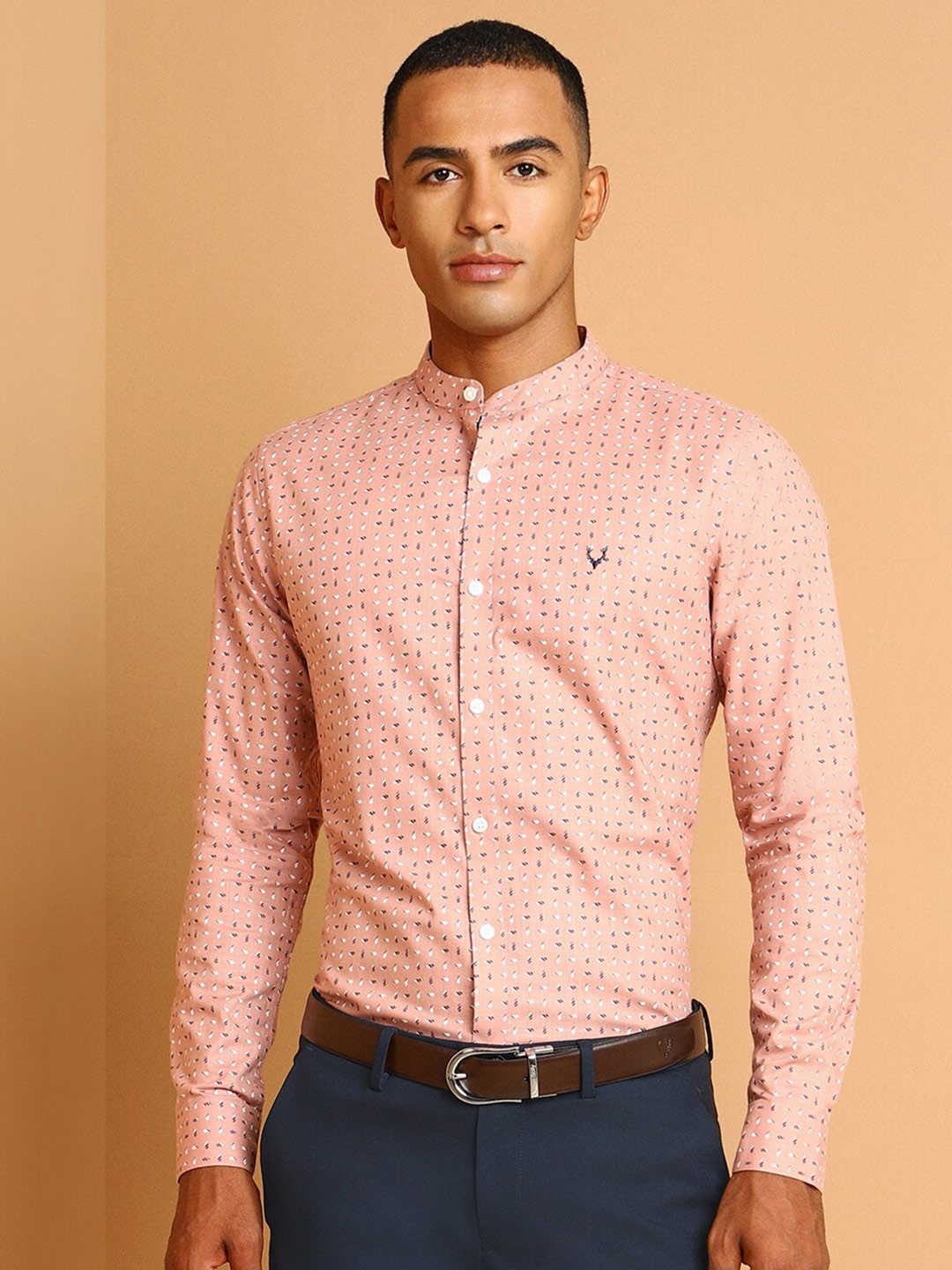 

Allen Solly Slim Fit Floral Printed Mandarin Collar Formal Shirt, Peach