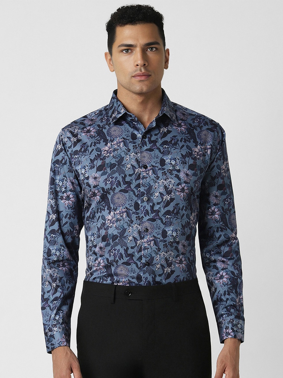 

V Dot Slim Fit Floral Printed Spread Collar Party Shirt, Blue