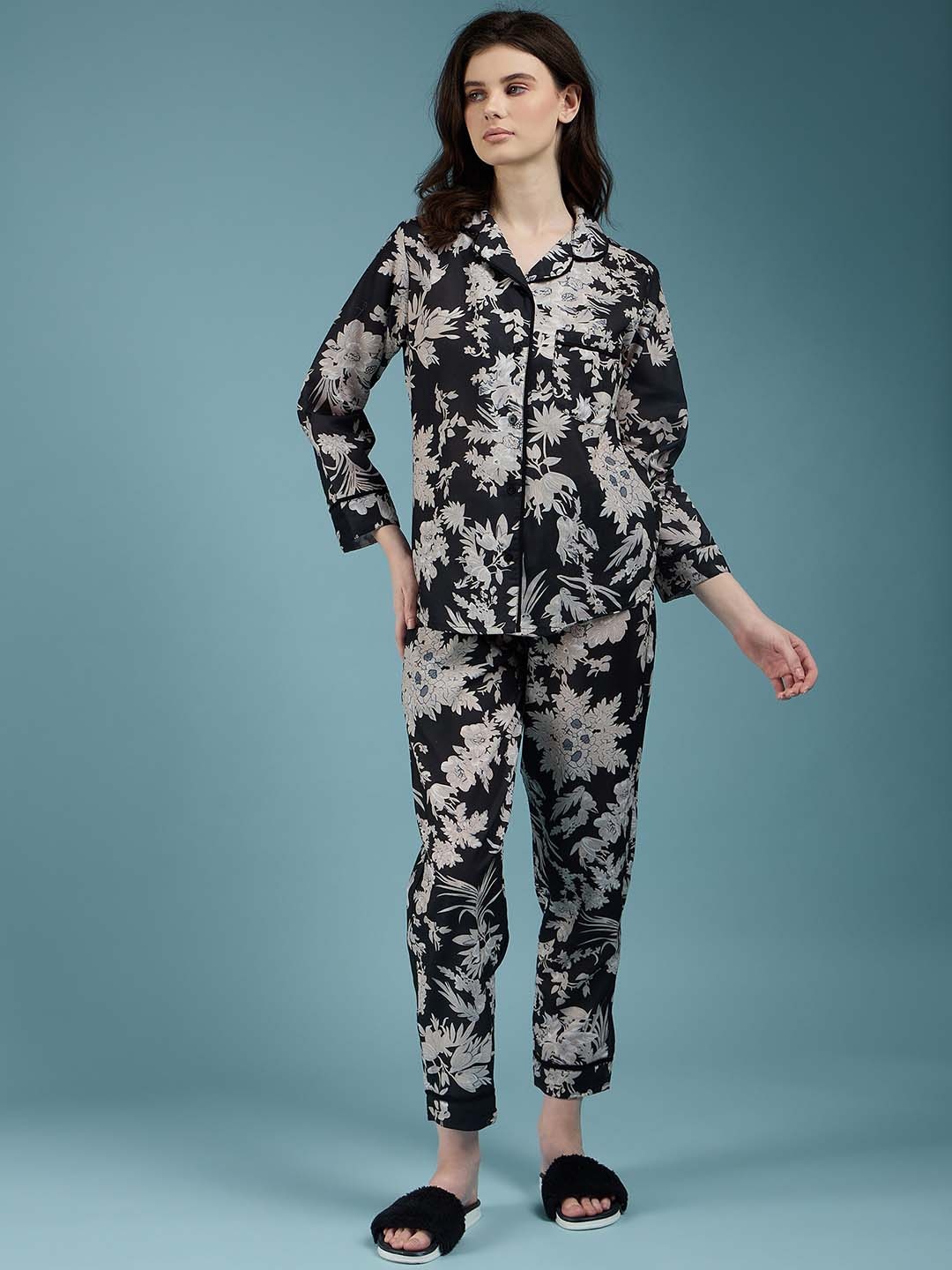 

all about you Black Floral Printed Full Sleeves Shirt With Trouser